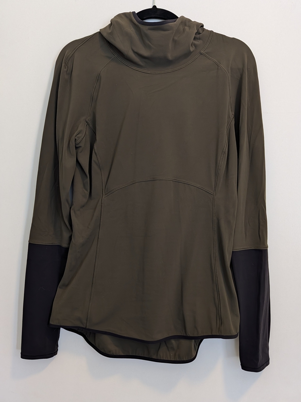 lululemon athletica Olive Green Hooded Long Sleeve Top with Black Sleeves